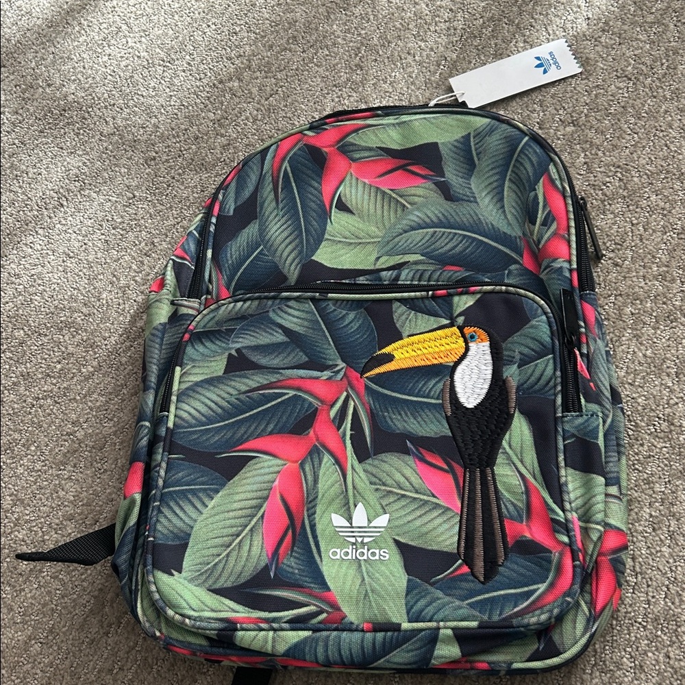 Adidas Originals NWT classic backpack bag book bag black floral embr toucan